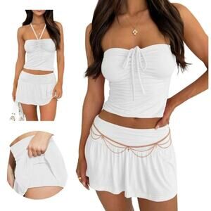Summer 2 Pc Outfits Women Size Small Tie Ruched Crop Top Low Rise Mini Skort